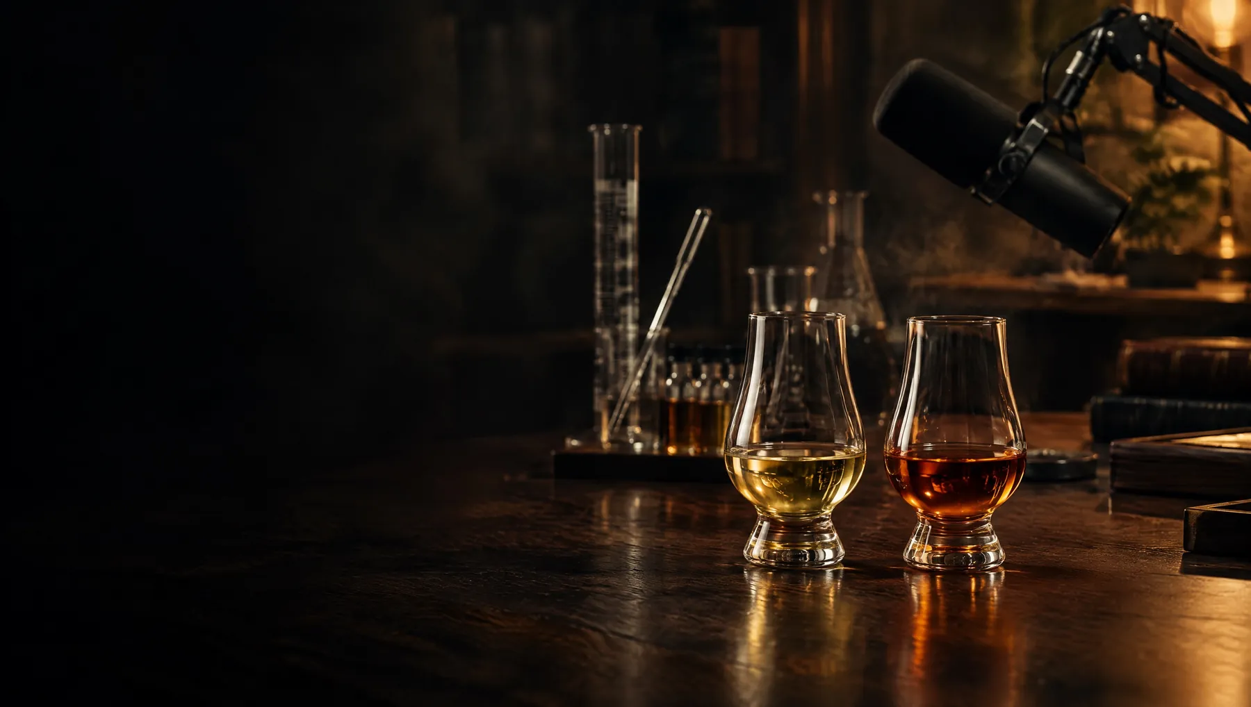 A glass of Scotch and a glass of bourbon on a walnut table