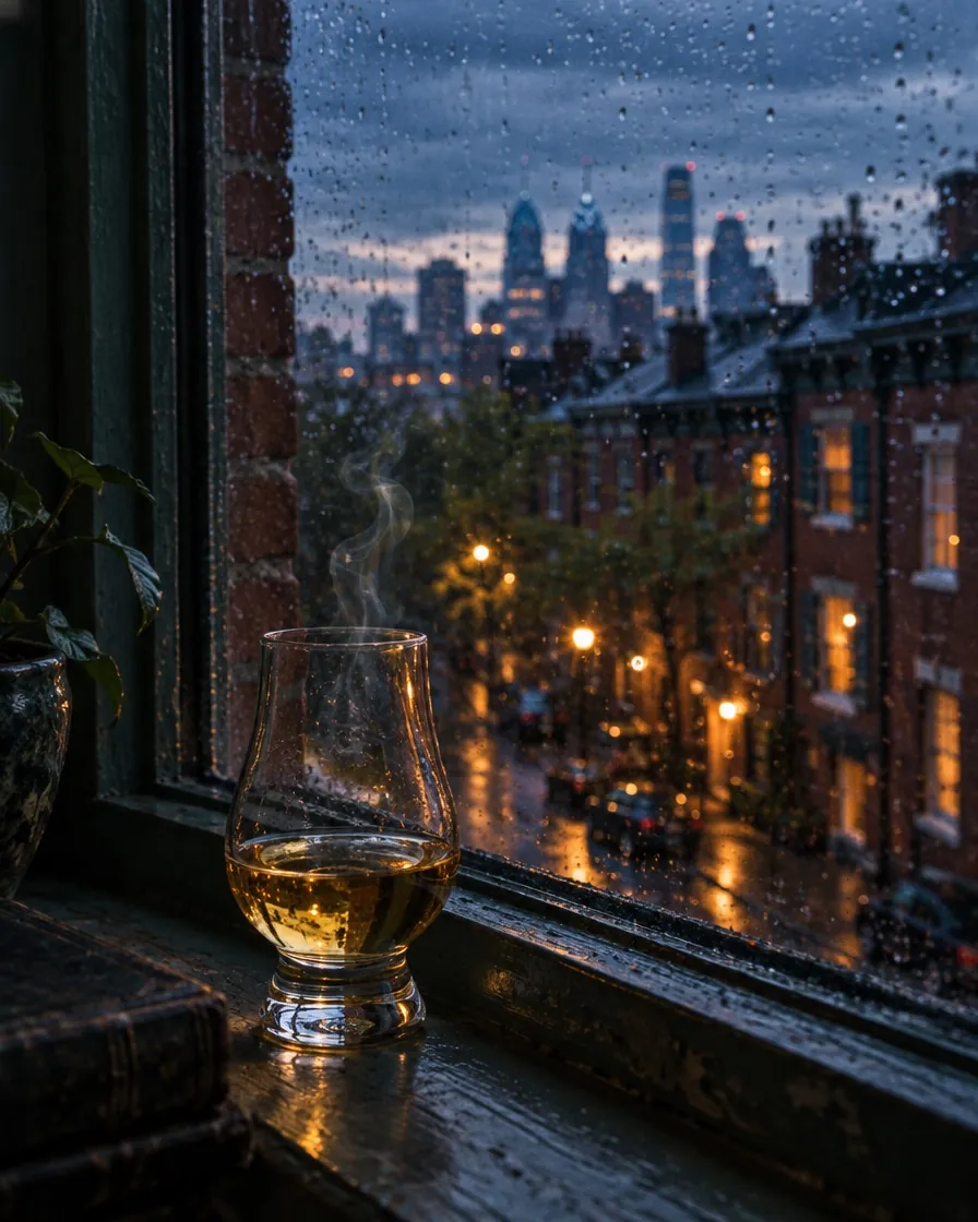 A glass of Scotch on a rainy Philadelphia windowsill at dusk