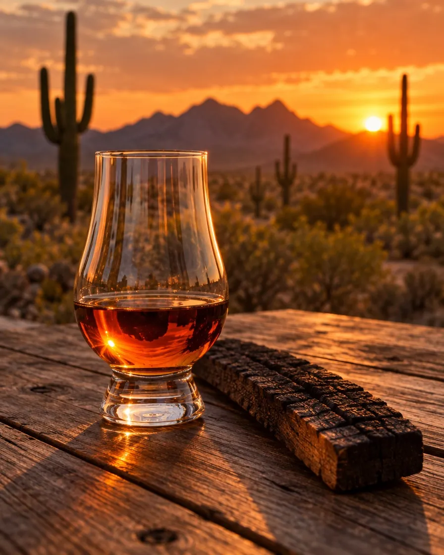 A glass of bourbon on a patio table in the Arizona desert at sunset