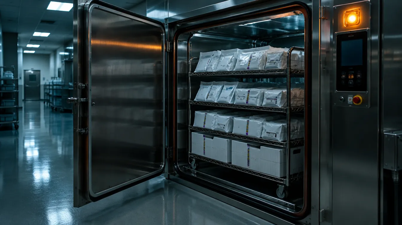 An industrial sterilizer loaded with sealed device pouches